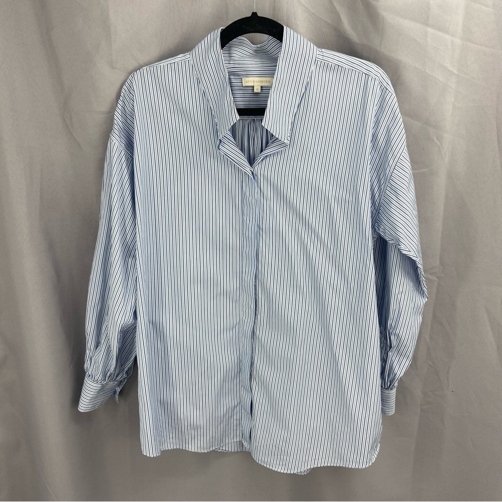 Ann Mashburn Blue White Striped Puff Sleeve Button Up Shirt Size Medium